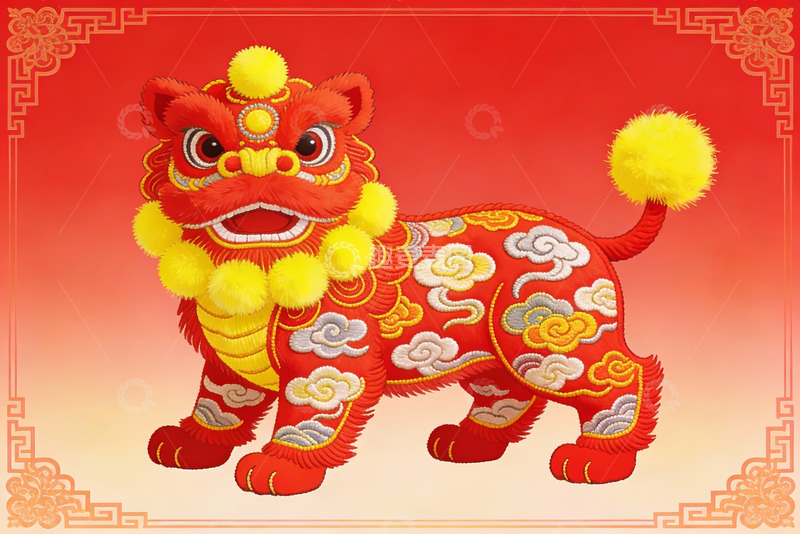 高清大图下载【趣麦麦图】红色舞狮图案装饰画