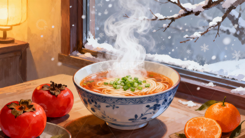 高清大图下载【趣麦麦图】冬日窗边热汤面与水果