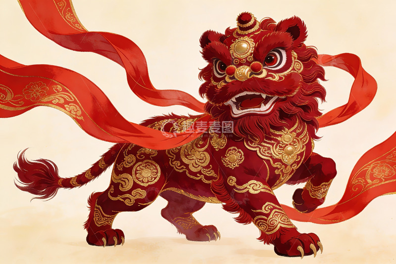 高清大图下载【趣麦麦图】红色舞狮图案艺术插画