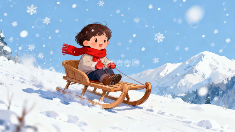 高清大图下载【趣麦麦图】雪地木橇滑行欢乐场景