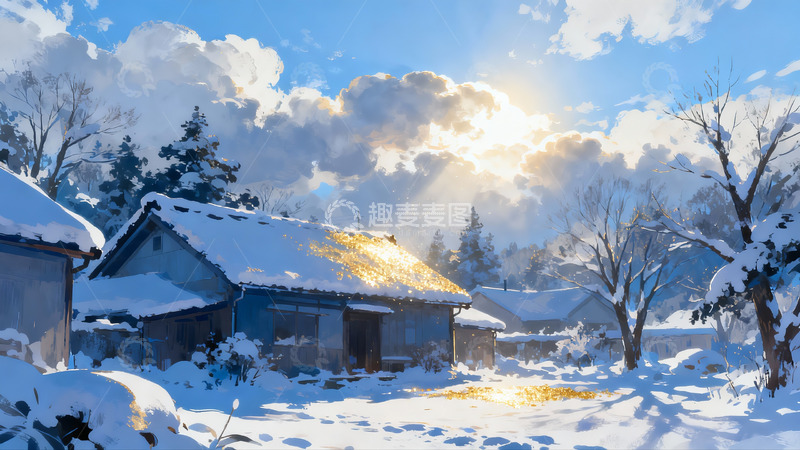 高清大图下载【趣麦麦图】雪后阳光照耀的古朴房屋