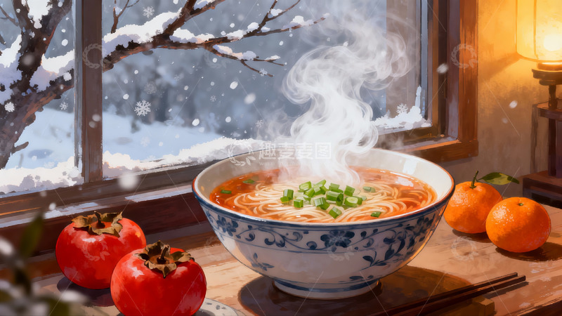 高清大图下载【趣麦麦图】冬日窗边热汤面与柿橘