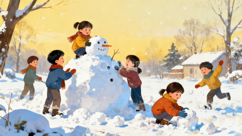 高清大图下载【趣麦麦图】儿童雪地堆雪人欢乐场景