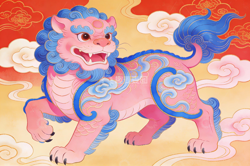 高清大图下载【趣麦麦图】粉色祥云瑞兽图
