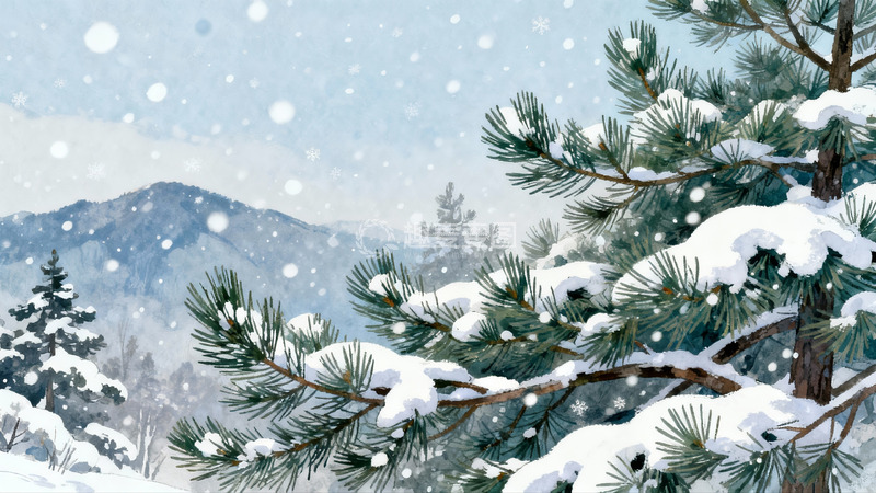 高清大图下载【趣麦麦图】雪落松枝山景如画