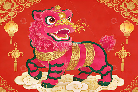 红色背景下的粉色舞狮图案