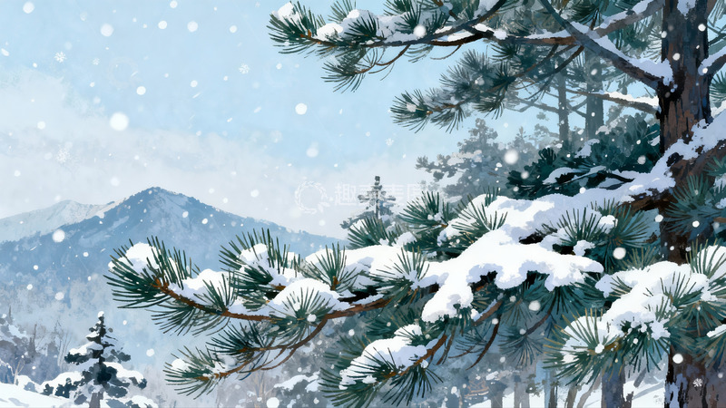 高清大图下载【趣麦麦图】雪落松枝山景如画