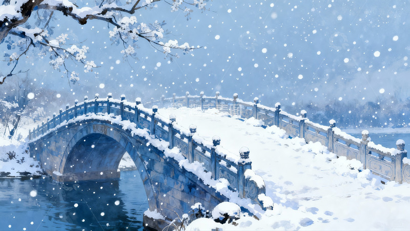 高清大图下载【趣麦麦图】雪景古桥流水图
