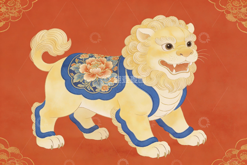 高清大图下载【趣麦麦图】中国传统瑞兽狮子绣球图案