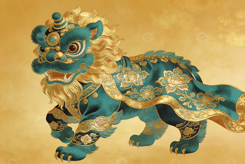 高清大图下载【趣麦麦图】华丽金色青色瑞兽图案