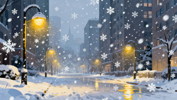 雪夜城市街景路灯闪烁