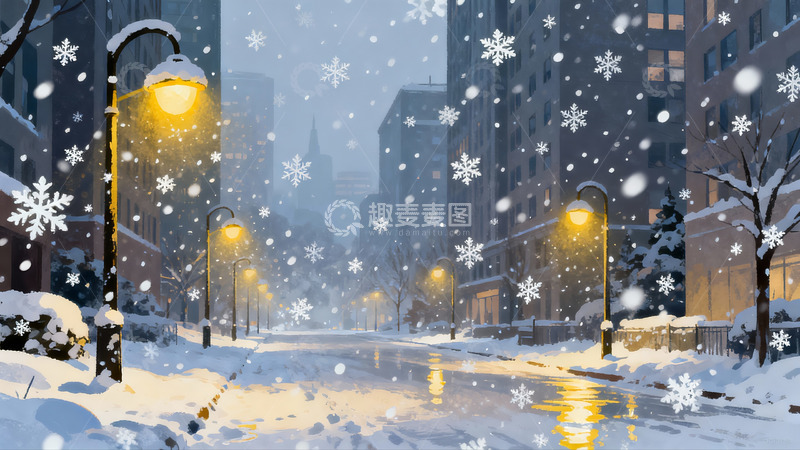 高清大图下载【趣麦麦图】雪夜城市街景路灯闪烁