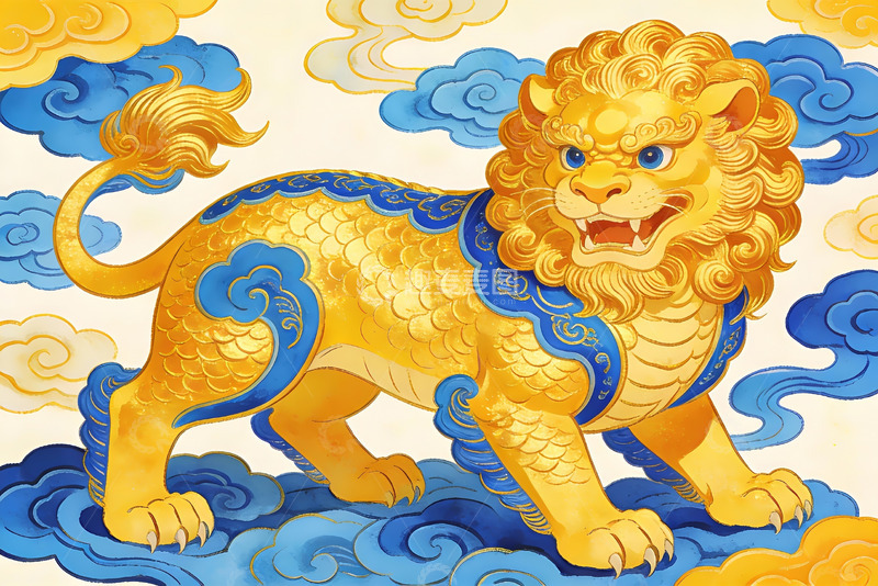 高清大图下载【趣麦麦图】金色瑞兽祥云图案艺术画