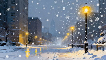 雪夜城市街景路灯闪烁