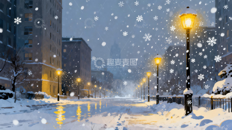 高清大图下载【趣麦麦图】雪夜城市街景路灯闪烁