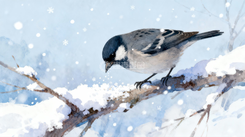 高清大图下载【趣麦麦图】雪中栖息的灰雀
