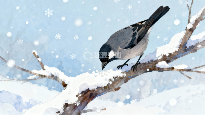 高清大图下载【趣麦麦图】雪中树枝上的小鸟