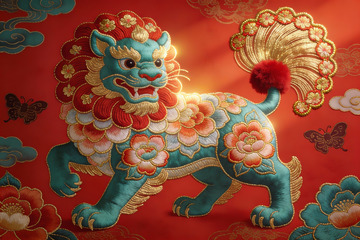 华丽绣狮图展现传统艺术之美