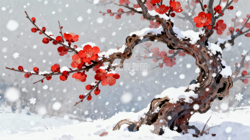 高清大图下载【趣麦麦图】雪中红梅绽放