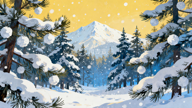 雪覆松林雪山冬景
