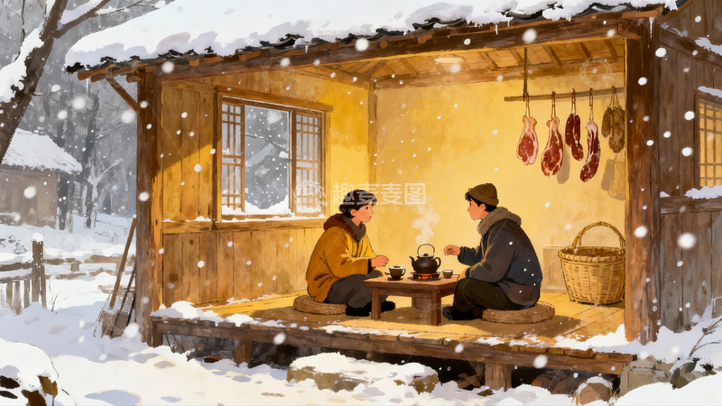 高清大图下载【趣麦麦图】雪夜木屋二人对坐品茶