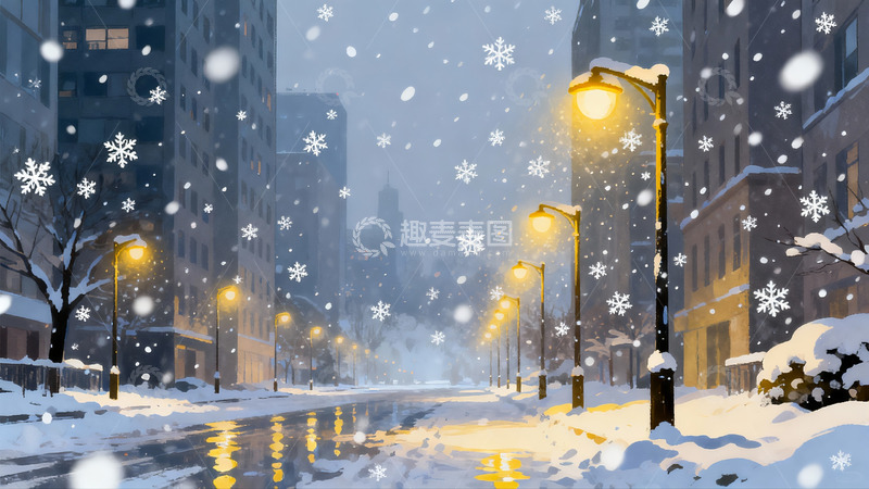 高清大图下载【趣麦麦图】雪夜城市街景路灯闪烁