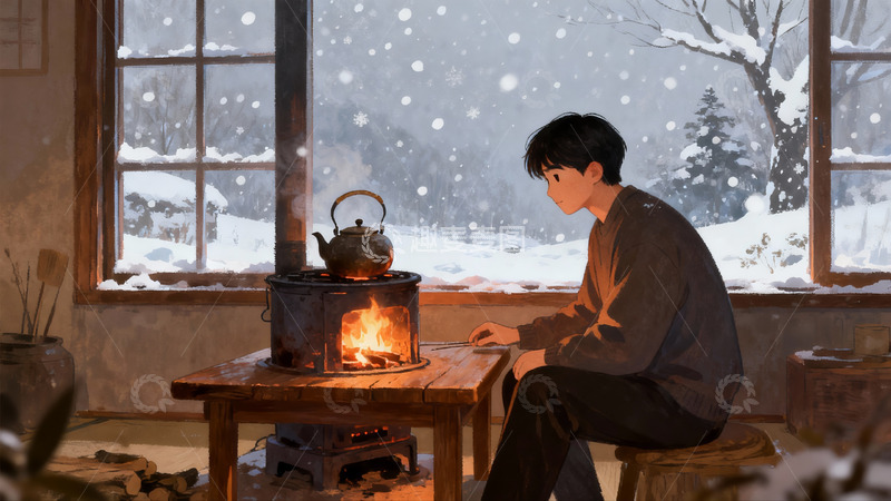 高清大图下载【趣麦麦图】雪夜窗边烤火静坐