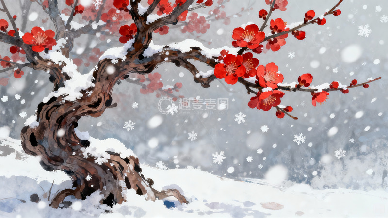 高清大图下载【趣麦麦图】雪中红梅绽放