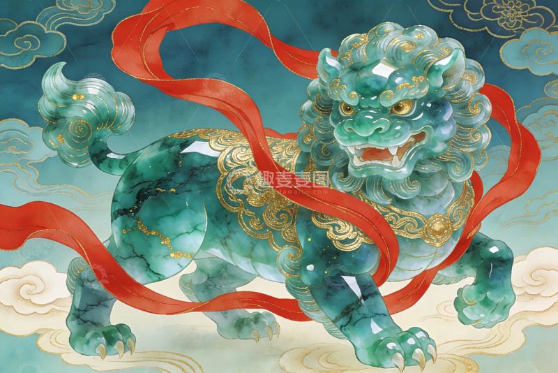 高清大图下载【趣麦麦图】青玉瑞兽祥云环绕祥瑞之象