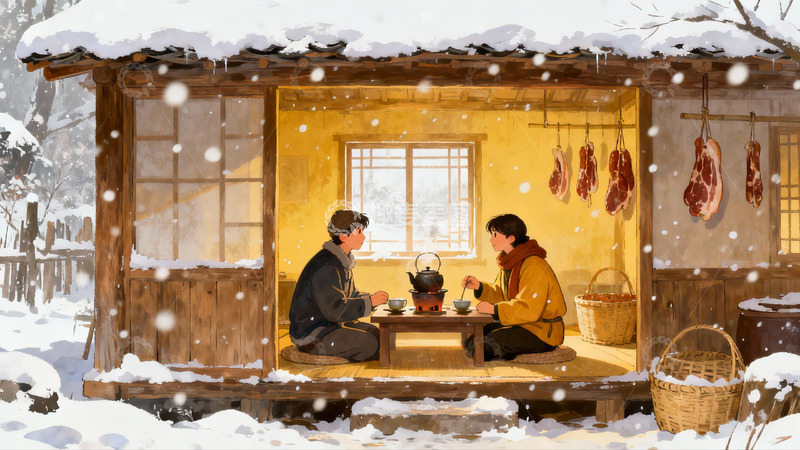高清大图下载【趣麦麦图】雪中木屋二人围炉煮茶
