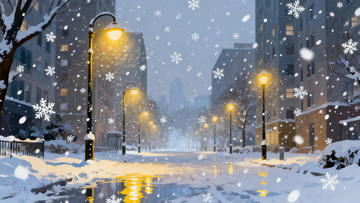雪夜城市街景路灯闪烁