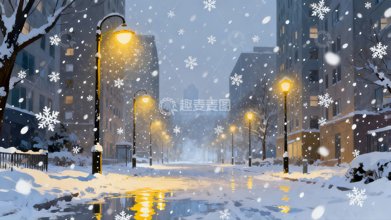 高清大图下载【趣麦麦图】雪夜城市街景路灯闪烁