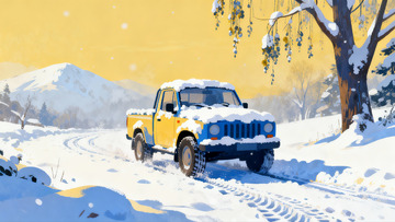雪地卡车行驶山间