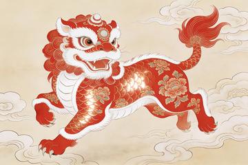 红色祥瑞神兽跃云图