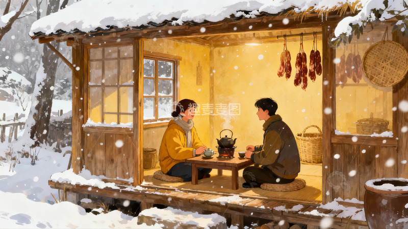 高清大图下载【趣麦麦图】雪中木屋二人围炉煮茶