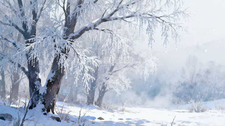 雪覆树枝雾气弥漫冬日景象