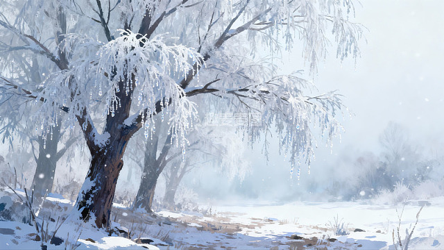 雪覆树枝雾气弥漫冬日景象