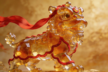 金色琉璃狮子雕像细节特写