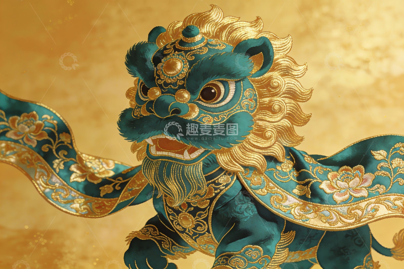高清大图下载【趣麦麦图】华丽青金狮绣像细节特写