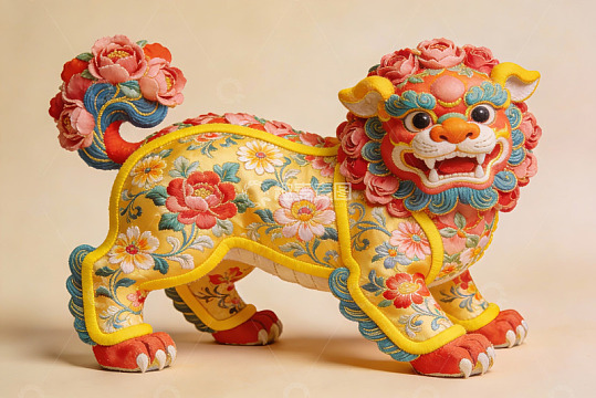 色彩斑斓的花卉狮子绣品