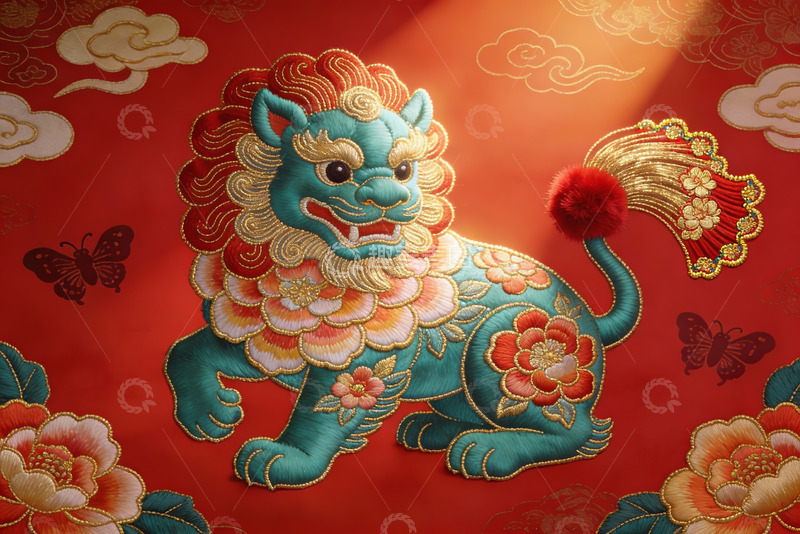 高清大图下载【趣麦麦图】红色背景上的精美刺绣狮子图案