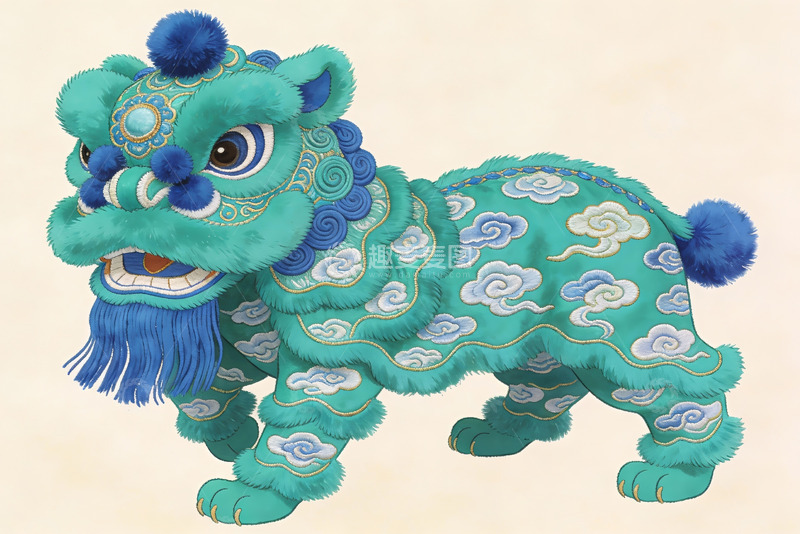 高清大图下载【趣麦麦图】青绿祥云舞狮艺术插画