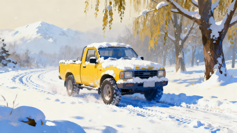 高清大图下载【趣麦麦图】雪地黄色皮卡车行驶