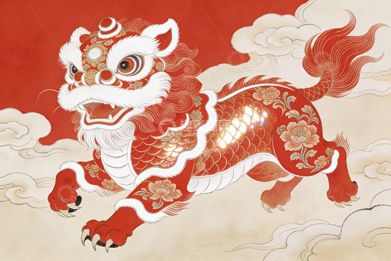 高清大图下载【趣麦麦图】红色祥云瑞兽舞动图