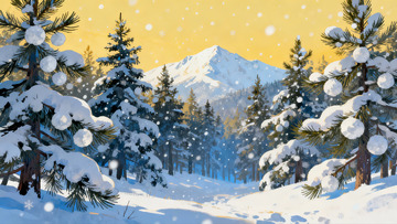 雪覆松林雪山冬景