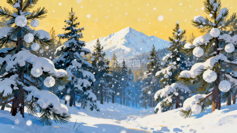 高清大图下载【趣麦麦图】雪覆松林雪山冬景
