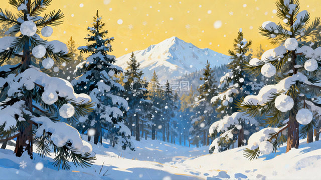 雪覆松林雪山冬景