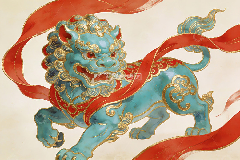 蓝色瑞兽祥云飘带艺术画