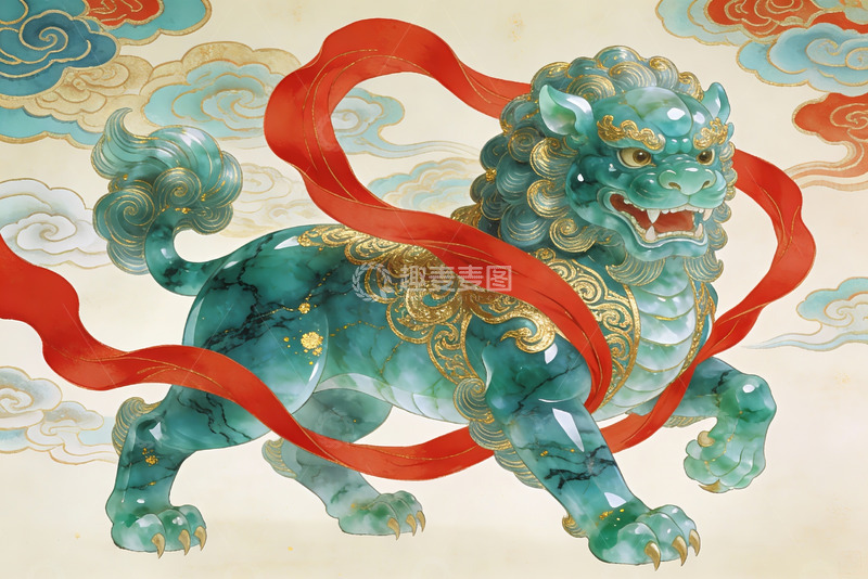 高清大图下载【趣麦麦图】青色瑞兽祥云环绕图
