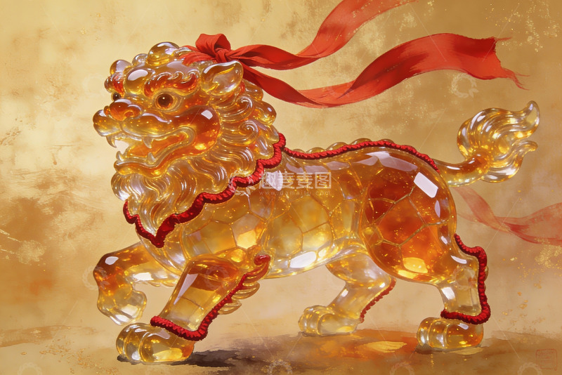 高清大图下载【趣麦麦图】透明琥珀狮子雕像配红色飘带